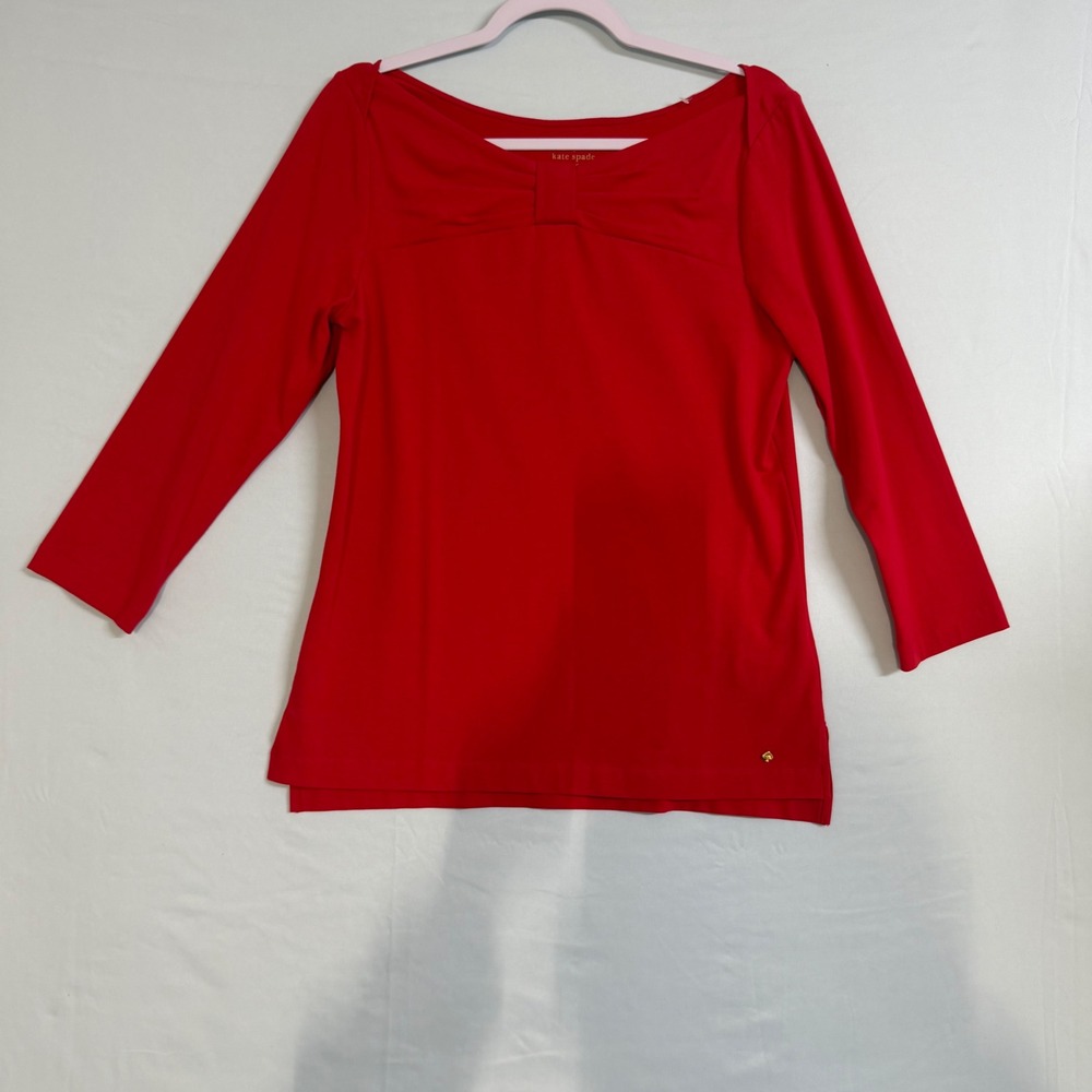 Kate Spade Size-L New York Red Bow Front Boat Neck 3/4 Sleeve Top